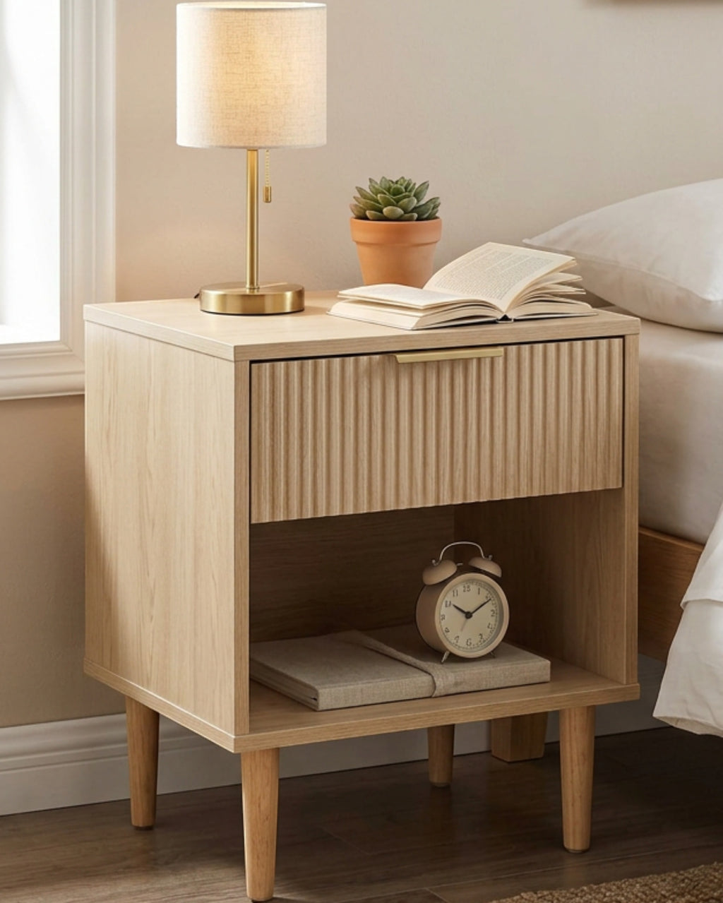 Zvxo Fluted Oak Nightstand with Drawer 45 x 40 x 55 cm - Lifestyle view