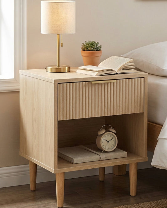 Zvxo Fluted Oak Nightstand with Drawer 45 x 40 x 55 cm - Lifestyle view