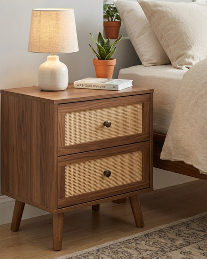 Zvxo Walnut Nightstand with 2 Cane Drawers 50 x 40 x 60 cm - Lifestyle view