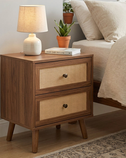 Zvxo Walnut Nightstand with 2 Cane Drawers 50 x 40 x 60 cm - Lifestyle view